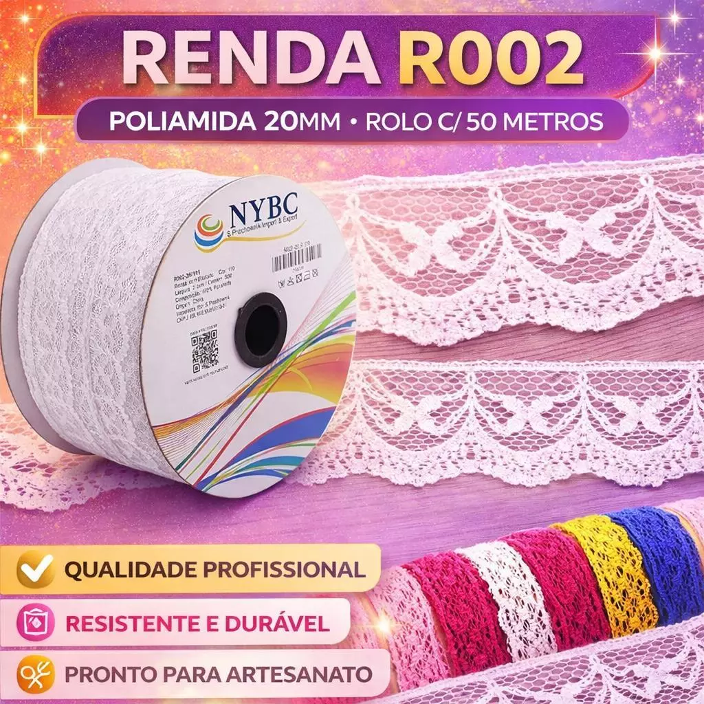 Renda de Poliamida R002 20mm - Rolos de 50m com Desconto Especial | Moda e Artesanato