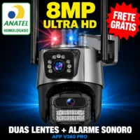 Câmera de Segurança Wifi 8MP com Visão 360° e Dupla Lente - Proteja Sua Casa