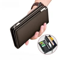 Carteira longa bifold de couro PU masculina com clipe