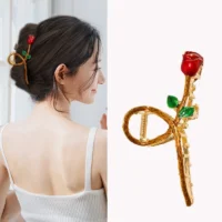Presilha Rosa Vermelha Dourada para Cabelo - Toque de Elegância