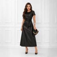 Vestido Midi Couro Fake Elegante com Cinto | Compre Agora