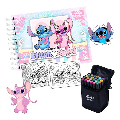 Kit Livro De Colorir Stitch Angel com Canetas Profissionais | Alta Qualidade