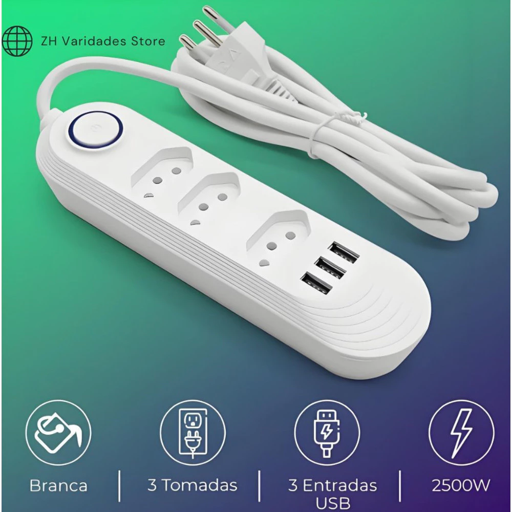 Filtro de Linha com 3 Tomadas e USB - Proteção Segura e Prática